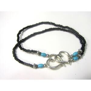 Black Turquoise Bead Silver Tone Double Heart Stretch Bracelet 8 1/4" Boho Retro